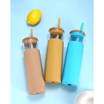 Tronco 28 oz Glass Cups With Lids and Straws,Reusable Iced Coffee Cup and Bamboo Lid, Smoothie Cup, Glass Tumbler with Silicone Protective Sleeve - BPA Free