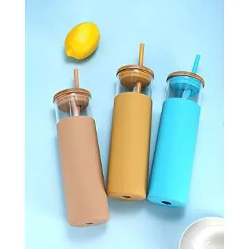 Tronco 28 oz Glass Cups With Lids and Straws,Reusable Iced Coffee Cup and Bamboo Lid, Smoothie Cup, Glass Tumbler with Silicone Protective Sleeve - BPA Free