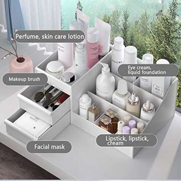 KUNZHAN Large Makeup Desk Organizer With Drawers,Desktop Finishing Dresser Skin Care Shelf,Cosmetics Storage Box for nail polish,Lipstick,Brushes,Jewelry