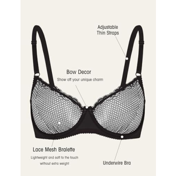 Wingslove Women's Sexy 1/2 Cup Lace Bra Balconette Mesh Underwired Demi Shelf Bra Unlined See Through Bralette (Black, 34C)