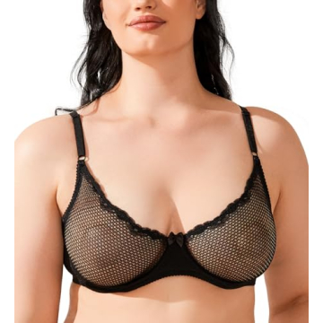 Wingslove Women's Sexy 1/2 Cup Lace Bra Balconette Mesh Underwired Demi Shelf Bra Unlined See Through Bralette (Black, 34C)