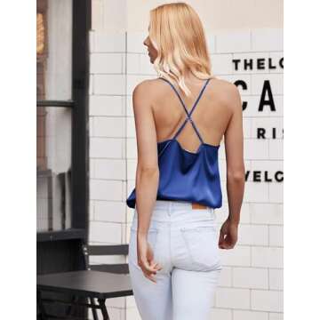 Ekouaer Satin Cowl Neck Tank Top Women Camisole Silky Loose Sleeveless Basic Blouse Ladies Satin Tan...