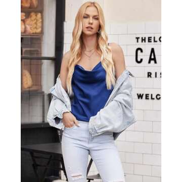 Ekouaer Satin Cowl Neck Tank Top Women Camisole Silky Loose Sleeveless Basic Blouse Ladies Satin Tank Shirt Navy Blue