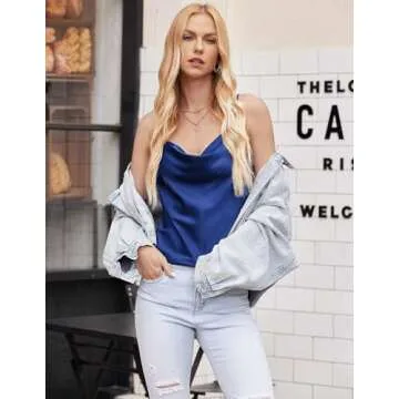 Ekouaer Satin Cowl Neck Tank Top Women Camisole Silky Loose Sleeveless Basic Blouse Ladies Satin Tank Shirt Navy Blue
