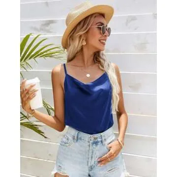 Ekouaer Satin Cowl Neck Tank Top Women Camisole Silky Loose Sleeveless Basic Blouse Ladies Satin Tank Shirt Navy Blue