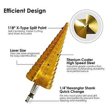 amoolo Titanium Step Drill Bit (15 Step), 3/16" to 1-1/4" (1.25 inch) High Speed Steel (HSS) 1/4" Hex Shank Unibit for Soft Metal Sheet, Wood, Plastic, Multiple Hole Drilling Cone Drill Bit