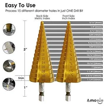 amoolo Titanium Step Drill Bit (15 Step), 3/16" to 1-1/4" (1.25 inch) High Speed Steel (HSS) 1/4" Hex Shank Unibit for Soft Metal Sheet, Wood, Plastic, Multiple Hole Drilling Cone Drill Bit