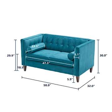 Dreamsir 58'' W Velvet Sofa, Mid-Century Love Seats Sofa Furniture with Bolster Pillows, Button Tufted Couch for Living Room, Tool-Free Assembly (Loveseat, Peacock Blue)