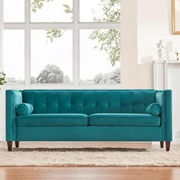 Dreamsir 58'' W Velvet Sofa, Mid-Century Love Seats Sofa Furniture with Bolster Pillows, Button Tufted Couch for Living Room, Tool-Free Assembly (Loveseat, Peacock Blue)