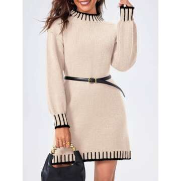 Saodimallsu Womens Mock Neck Sweater Dress Fall Chunky Knit Trendy Long Sleeve Loose Mini Dresses Beige