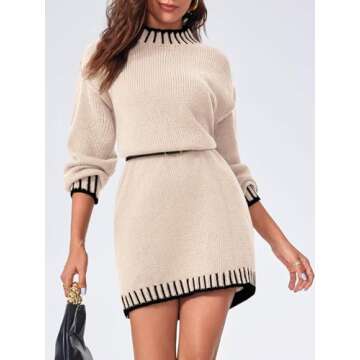 Saodimallsu Womens Mock Neck Sweater Dress Fall Chunky Knit Trendy Long Sleeve Loose Mini Dresses Beige