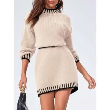 Saodimallsu Womens Mock Neck Chunky Knit Dress Beige