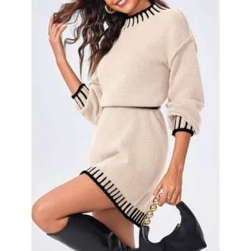 Saodimallsu Womens Mock Neck Chunky Knit Dress Beige