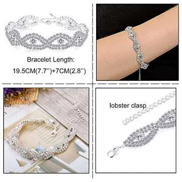 Fiasaso 3pcs Crystal Bridal Jewelry Set for Women Rhinestone Necklace Earrings Bracelet Wedding Bridesmaid Silver Tone