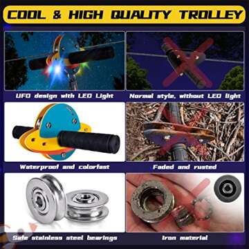 100FT Zip Lines for Kids and Adults Outdoor, ZEROMX Zipline Kits for Backyard Up to 330 LBS with UFO Light Up Zipline Trolley and Thickened Zipline seat,for Kids Outdoor Toys