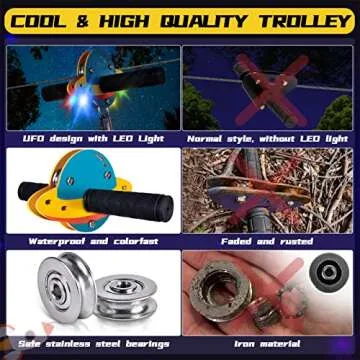 100FT Zip Lines for Kids and Adults Outdoor, ZEROMX Zipline Kits for Backyard Up to 330 LBS with UFO Light Up Zipline Trolley and Thickened Zipline seat,for Kids Outdoor Toys