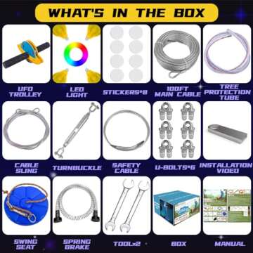 100FT Zip Lines for Kids and Adults Outdoor, ZEROMX Zipline Kits for Backyard Up to 330 LBS with UFO Light Up Zipline Trolley and Thickened Zipline seat,for Kids Outdoor Toys