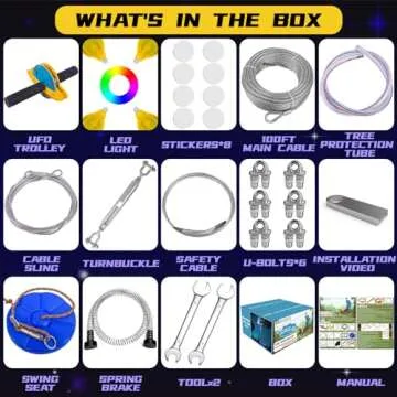 100FT Zip Lines for Kids and Adults Outdoor, ZEROMX Zipline Kits for Backyard Up to 330 LBS with UFO Light Up Zipline Trolley and Thickened Zipline seat,for Kids Outdoor Toys