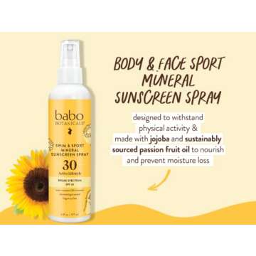 Babo Botanicals Swim & Sport Mineral Sunscreen Spray SPF 30 - Natural Zinc Oxide - Face & Body - For all ages - Dermatologist Tested - Cruelty-Free - Fragrance-Free - Water Resistant