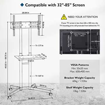 BONTEC Mobile TV Cart - Adjustable and Universal for 32-85 TVs