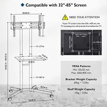 BONTEC Mobile TV Cart - Adjustable and Universal for 32-85 TVs