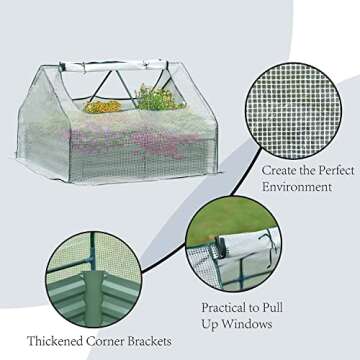 Aoodor 4ft x 4ft x 1ft Raised Garden Metal Bed Mini Greenhouse Kit with 2 Roll-up Zipper Doors for Vegetables, Herbs, and Flowers