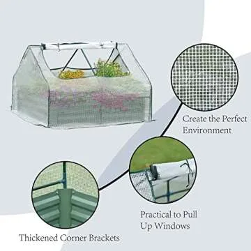 Aoodor 4ft x 4ft x 1ft Raised Garden Metal Bed Mini Greenhouse Kit with 2 Roll-up Zipper Doors for Vegetables, Herbs, and Flowers