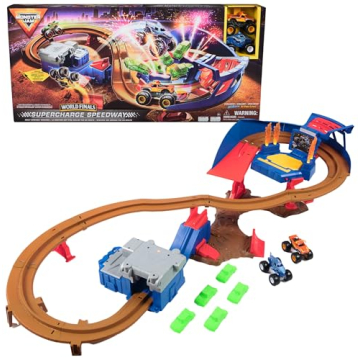 Exciting Monster Jam Supercharge Speedway Playset with Megalodon and El Toro Loco Die-Cast Trucks fo...