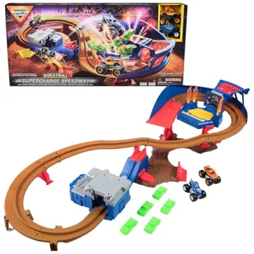 Exciting Monster Jam Supercharge Speedway Playset with Megalodon and El Toro Loco Die-Cast Trucks fo...