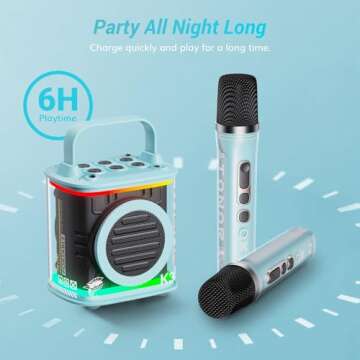 TONOR Mini Karaoke Machine with 2 Wireless Microphones, Portable Bluetooth Speaker for Kids Adults with Microfono Mics and Colorful LED Lights, Children Girls Boys Birthday Gift Home Party Light Blue