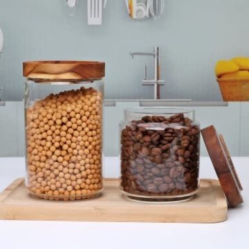 Flrolove Glass Canisters Set with Wooden Lids for Storage