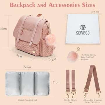 SEWBOO Diaper Bag BackPack Large Capacity Travel Mommy Bag Waterproof and Stylish with Changing Pad Baby Bag for Women and Girls