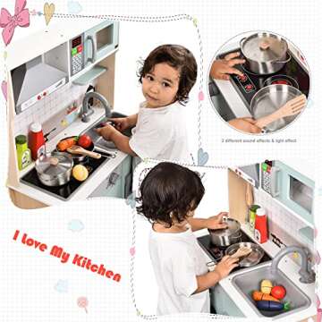 Wooden Play Kitchen with Lights & Sounds, Pretend Kitchen Playset with Stove, Sink, Cooker Hood, Microwave Oven, Baking Oven, Washing Machine, Trash Classification Can, Kitchen Playset Toy for Kids 2+