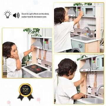 Wooden Play Kitchen with Lights & Sounds, Pretend Kitchen Playset with Stove, Sink, Cooker Hood, Microwave Oven, Baking Oven, Washing Machine, Trash Classification Can, Kitchen Playset Toy for Kids 2+