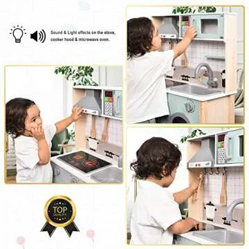 Wooden Play Kitchen with Lights & Sounds, Pretend Kitchen Playset with Stove, Sink, Cooker Hood, Microwave Oven, Baking Oven, Washing Machine, Trash Classification Can, Kitchen Playset Toy for Kids 2+