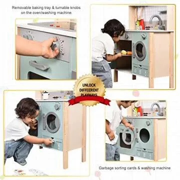 Wooden Play Kitchen with Lights & Sounds, Pretend Kitchen Playset with Stove, Sink, Cooker Hood, Microwave Oven, Baking Oven, Washing Machine, Trash Classification Can, Kitchen Playset Toy for Kids 2+
