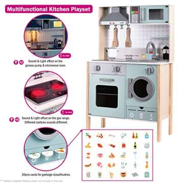 Wooden Play Kitchen with Lights & Sounds, Pretend Kitchen Playset with Stove, Sink, Cooker Hood, Microwave Oven, Baking Oven, Washing Machine, Trash Classification Can, Kitchen Playset Toy for Kids 2+