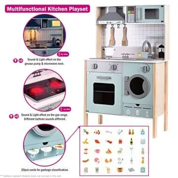 Wooden Play Kitchen with Lights & Sounds, Pretend Kitchen Playset with Stove, Sink, Cooker Hood, Microwave Oven, Baking Oven, Washing Machine, Trash Classification Can, Kitchen Playset Toy for Kids 2+