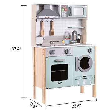 Wooden Play Kitchen with Lights & Sounds, Pretend Kitchen Playset with Stove, Sink, Cooker Hood, Microwave Oven, Baking Oven, Washing Machine, Trash Classification Can, Kitchen Playset Toy for Kids 2+