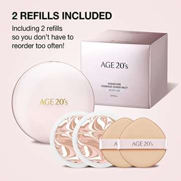 AGE 20’s Signature Hydrating Essence Sunscreen Foundation for Dry Skin, SPF 50+, BB & CC Cream, Moisture Cushion Pact, Refill Included, 21 Light Beige (0.49oz x 2ea)
