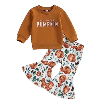 Kupretty Baby Girl Fall Winter Clothes Pumpkin Patch Crewneck Sweatshirt Flare Pants Set Toddler Hal...