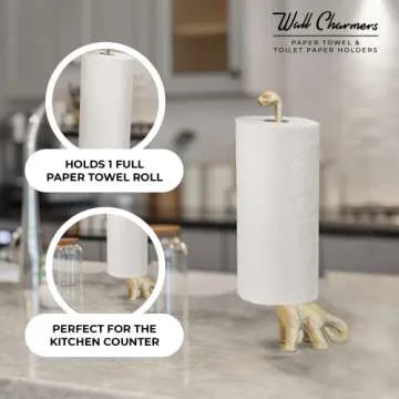 WallCharmers Gold Paper Towel Holder, Metal Toilet or Kitchen Paper Holder for Floor or Countertop, Gold Dino