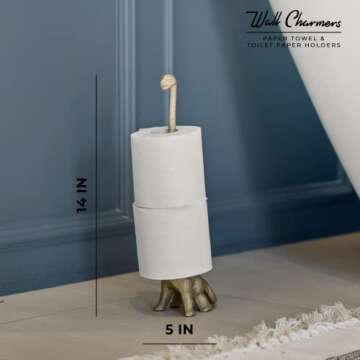 WallCharmers Gold Paper Towel Holder, Metal Toilet or Kitchen Paper Holder for Floor or Countertop, Gold Dino