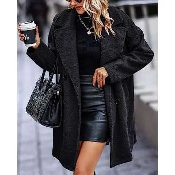 BTFBM Women 2025 Winter Faux Fur Coats Lapel Long Sleeve Fuzzy Fleece Outerwear Button Down Sherpa Jackets Fall Outfits(Solid Black, Small)