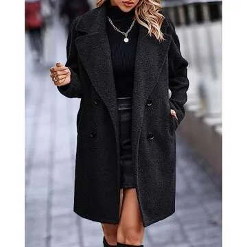 BTFBM Women 2025 Winter Faux Fur Coats Lapel Long Sleeve Fuzzy Fleece Outerwear Button Down Sherpa Jackets Fall Outfits(Solid Black, Small)