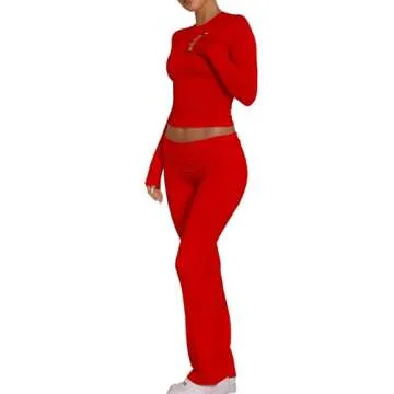BORIFLORS Women's Workout 2 Piece Lounge Sets Long Sleeve Tops Foldover Flare Pants Casual Outfits T...