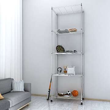 Homdox 5 Tier Steel Wire Shelving Unit on Wheels,Chrome Shelves for Garage Kitchen Living Room,Heavy Duty Shelving Rack, 23.2 x 13.8 x 72 inch (L x W x H)