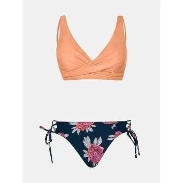 CUPSHE Women's Peach and Purple Floral Front Cross Lace Up Bikinis M