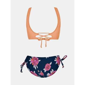CUPSHE Women's Peach and Purple Floral Front Cross Lace Up Bikinis M