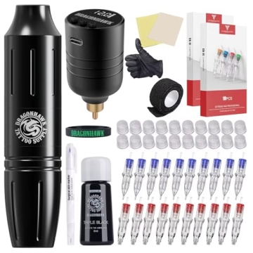 Dragonhawk Wireless Tattoo Kit - Complete Pro Cartridge Pen Set for Beginners